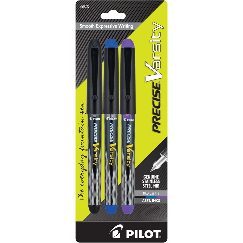 PILOT Precise Varsity Pre-Filled Fountain Pens, Medium Point Stainless Steel Nib, Black/Blue/Purple Inks, 3-Pack (90022) - Image 1